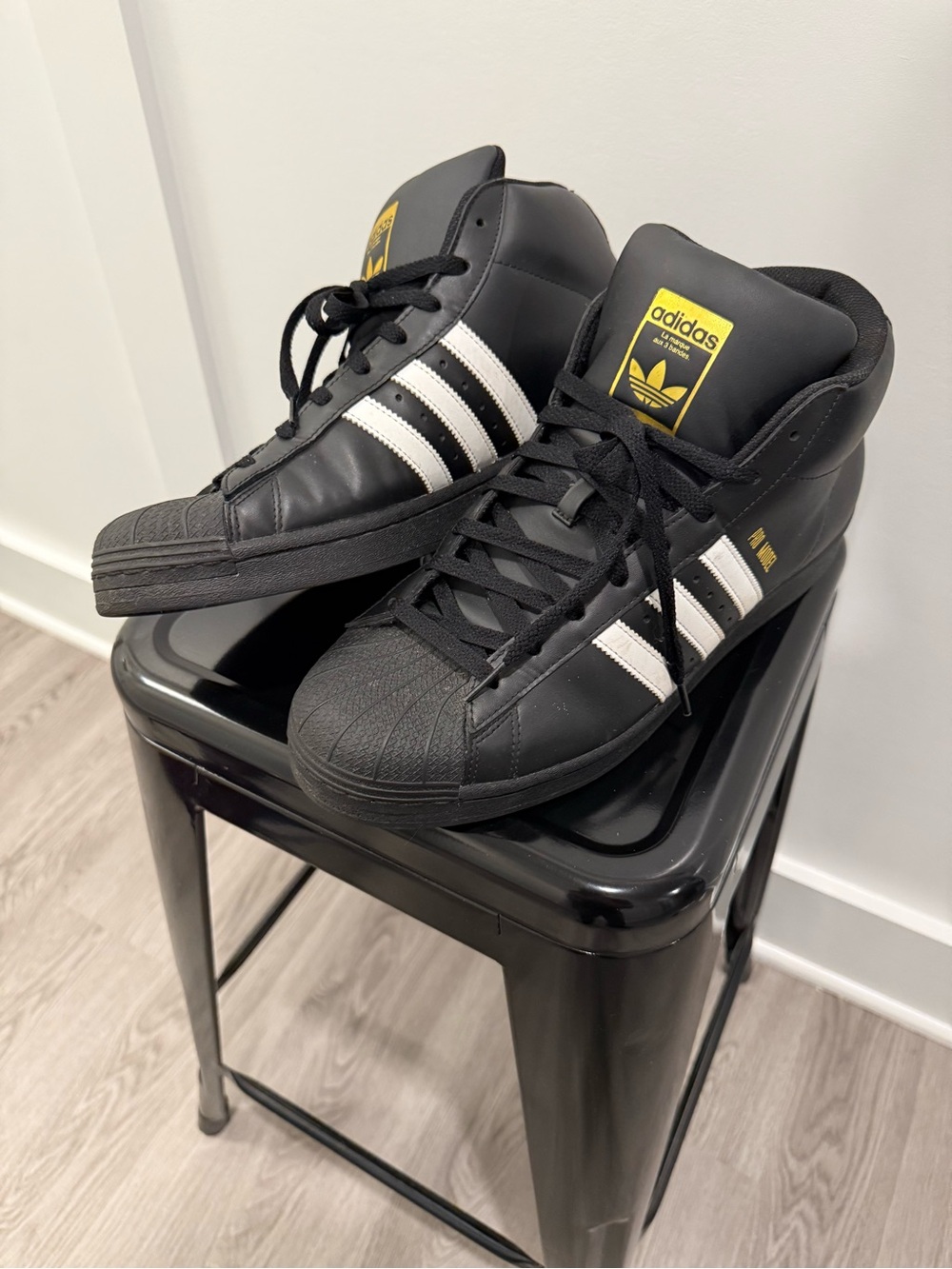 adidas originals Pro Model Men’s Black White High-Top Sneakers with Gold Logo